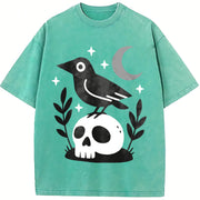 Witchy Crow Skull Moon and Stars Gothic Raven vintage washed oversized T-shirt in Blue