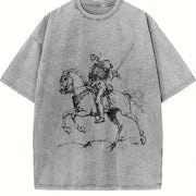 Retro Skeleton Riding Horse 90s Vintage Washed T-Shirt in Gray