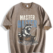 Retro Master Baiter Raccoon Fishing Vintage Washed T-Shirt in Brown
