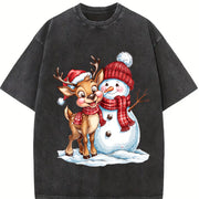 Christmas Autumn Snowman Reindeer Fashionable Elegant Vintage Washed T-Shirt in Black