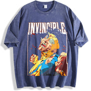 With Dark 'Invincible Comic Character And Text INVINCIBLE' vintage washed oversized T-shirt in Blue