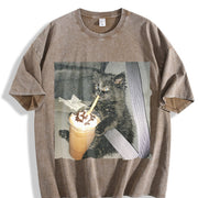 With Cat Coffee Cup in the Car Vintage Washed T-Shirt in Brown