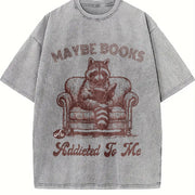 Retro Raccoon Reading Book 90s Vintage Washed T-Shirt in Gray