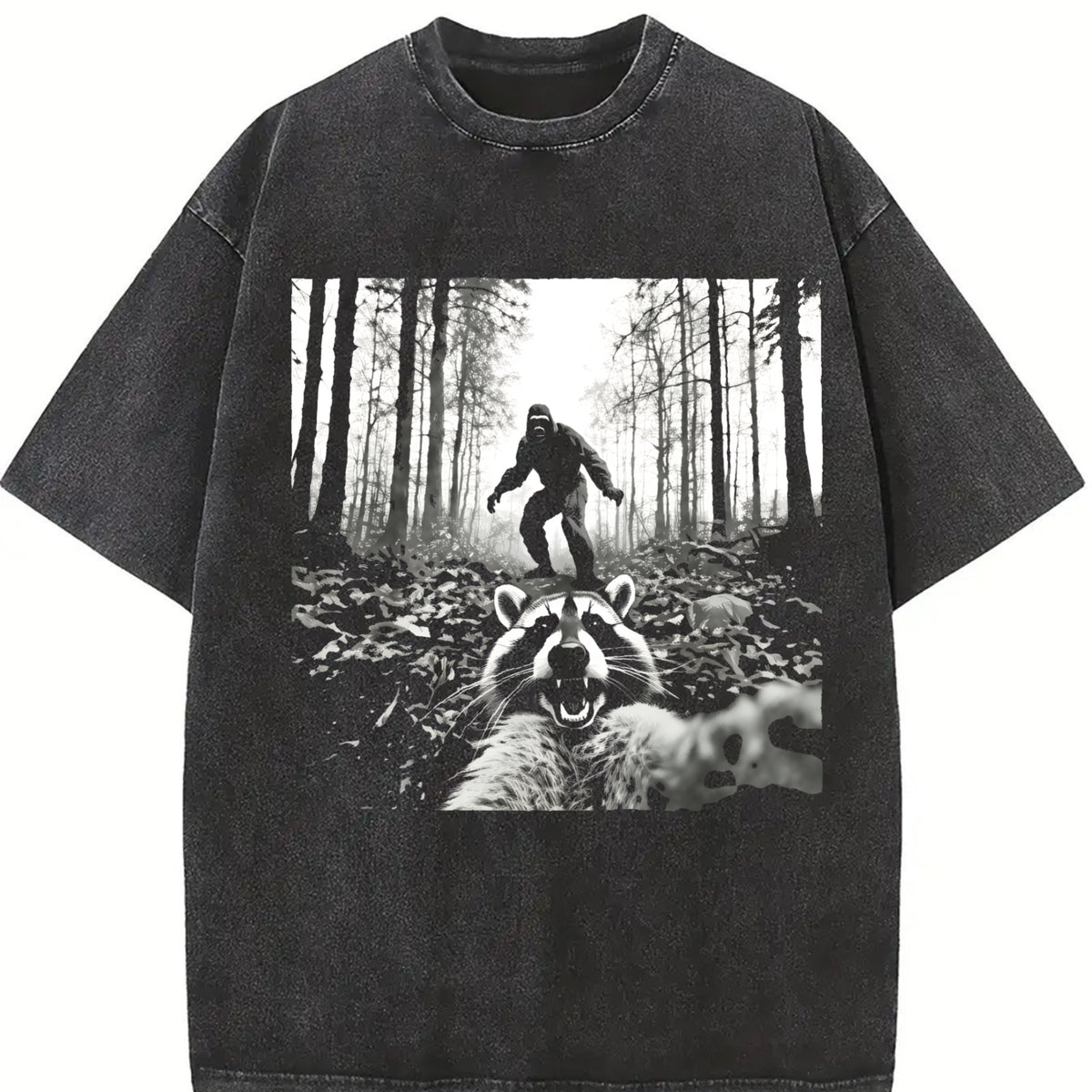 Raccoon Selfie with Sasquatch Bigfoot vintage washed oversized T-shirt in Black