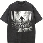 Raccoon Selfie with Sasquatch Bigfoot vintage washed oversized T-shirt in Black