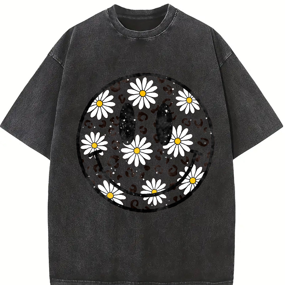 Daisy Floral Happy Face Vintage Washed T-Shirt in Black