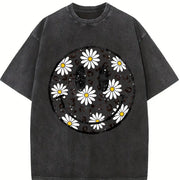 Daisy Floral Happy Face Vintage Washed T-Shirt in Black