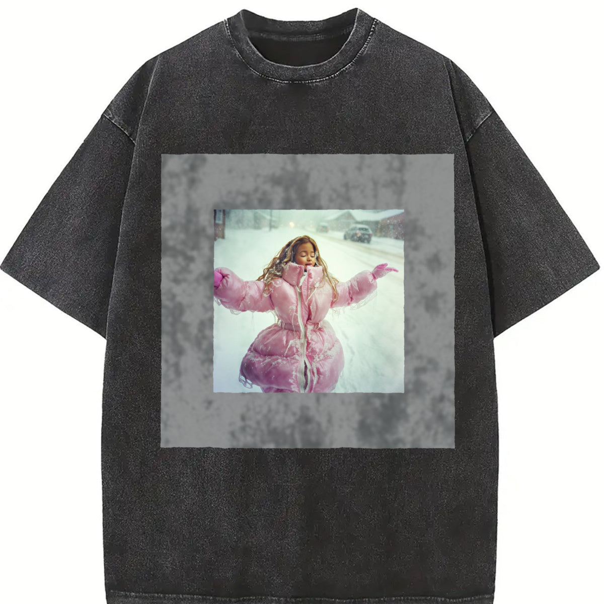 Woman in a Pink Coat Vintage Washed T-Shirt in Black