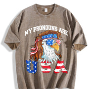 My Pronouns Are USA Eagle American 4th of July Vintage Washed T-Shirt in Brown