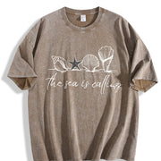 Nautical Ocean Call & Starfish Beach Vintage Washed T-Shirt in Brown