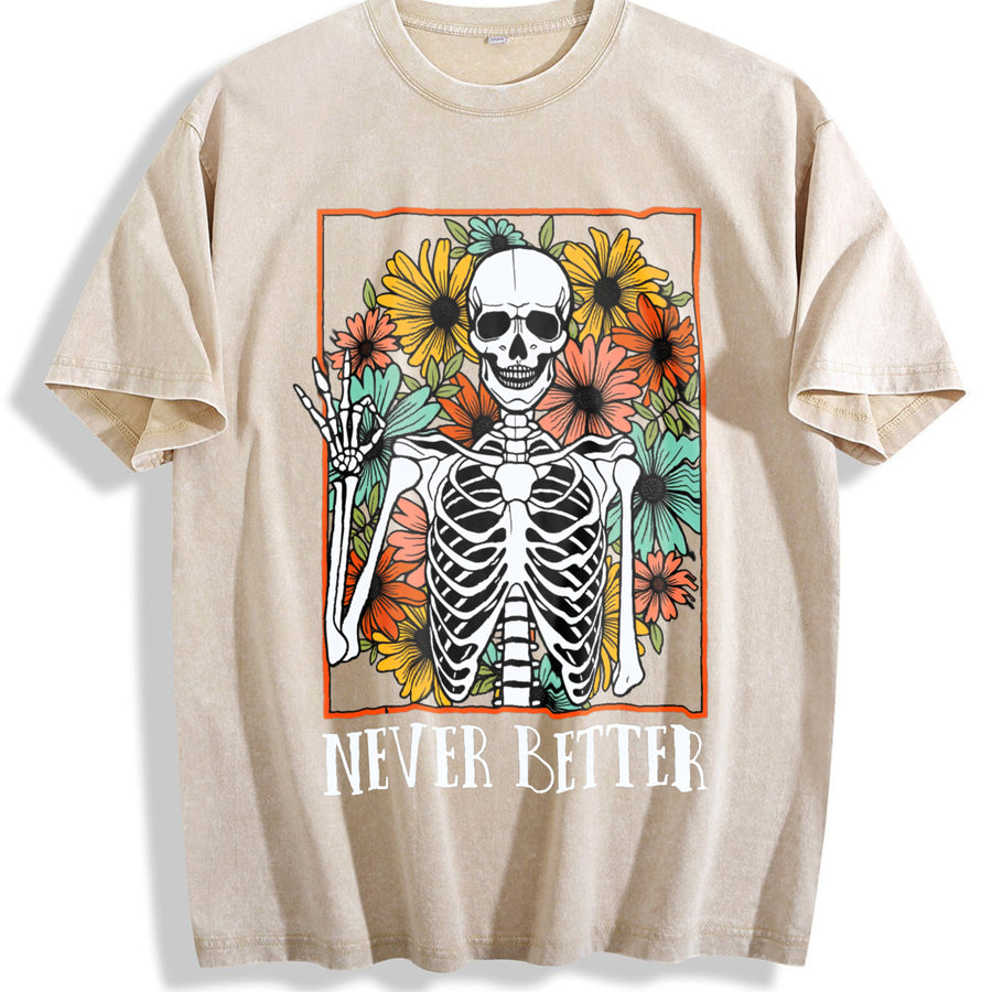 Never Better Floral Skeleton vintage washed oversized T-shirt in Beige