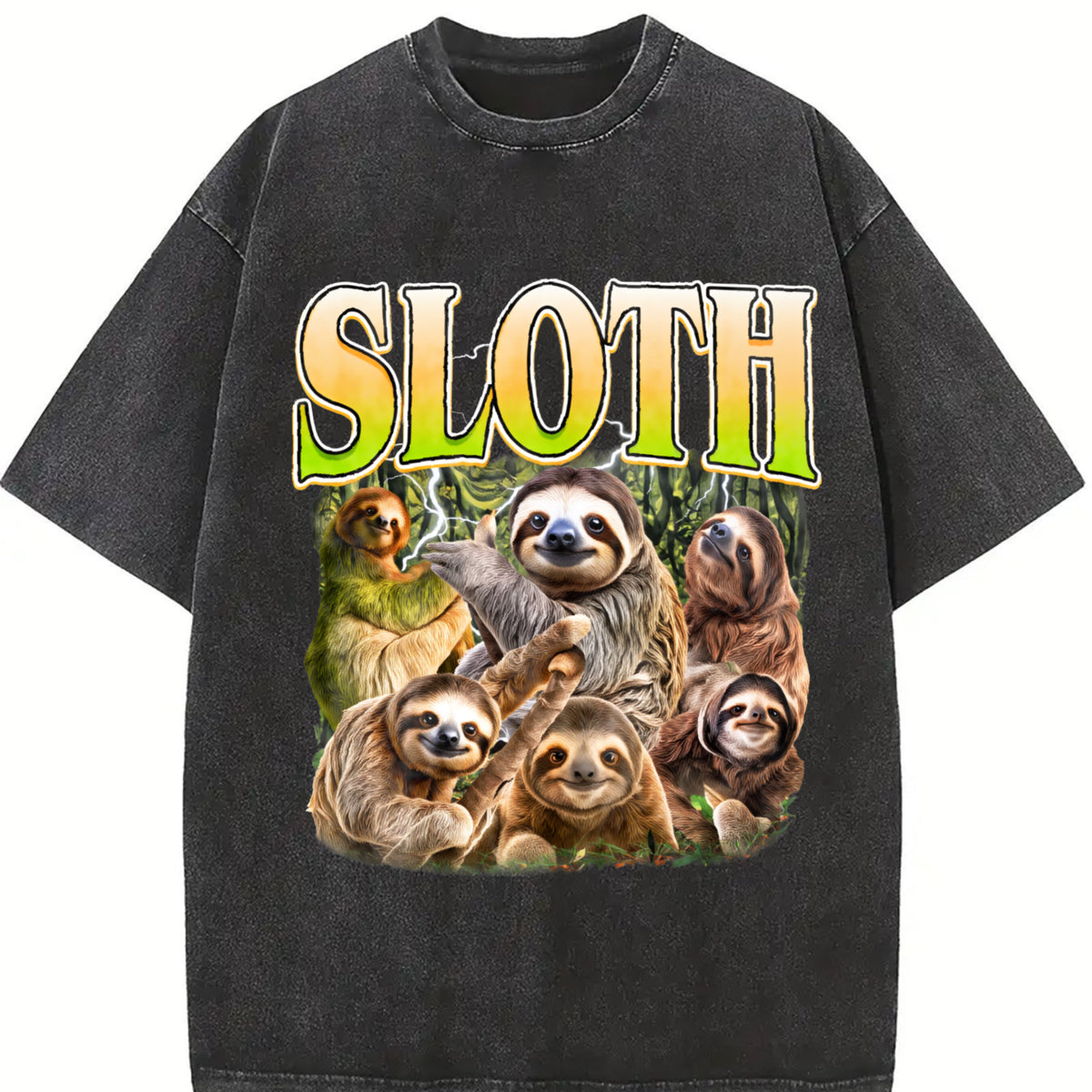 Sloth Retro Animal Lover Vintage Washed T-Shirt in Black