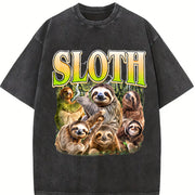 Sloth Retro Animal Lover Vintage Washed T-Shirt in Black