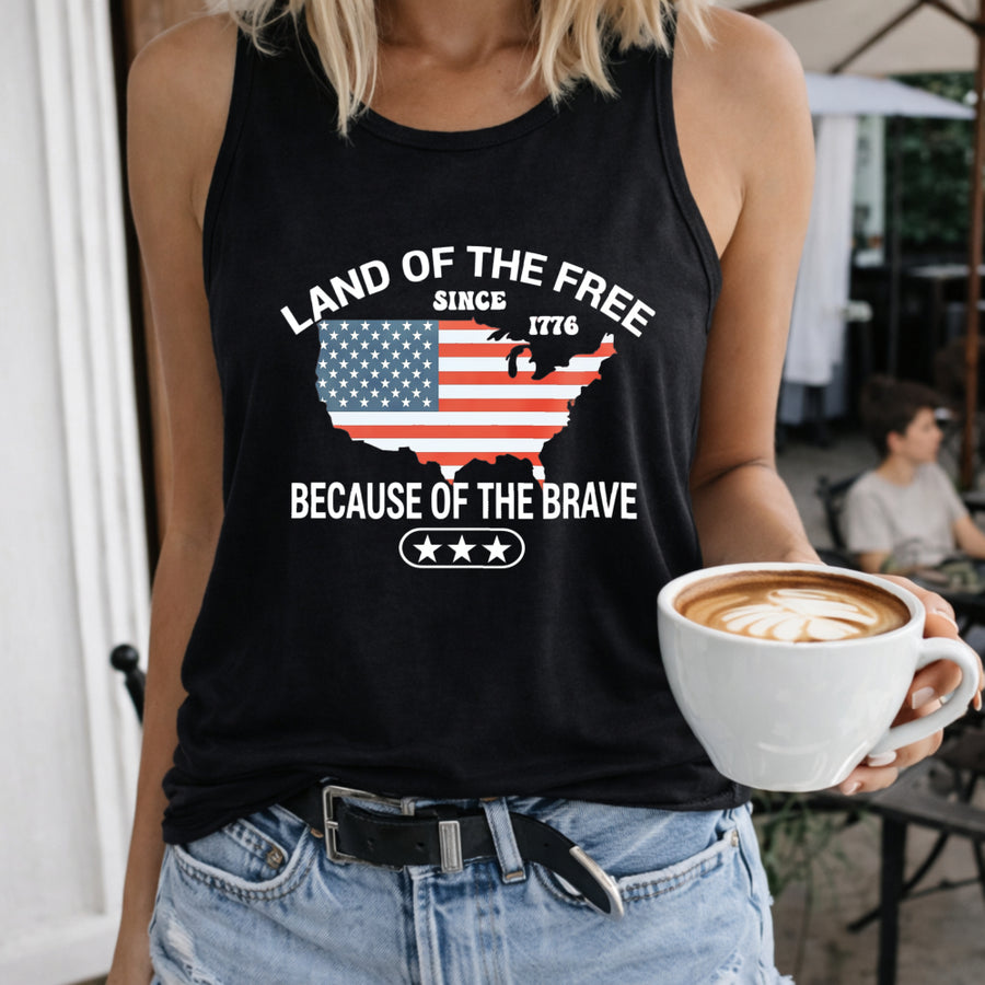 Land of the Free Because of the Brave Women's Color Cotton Tank Top in Black