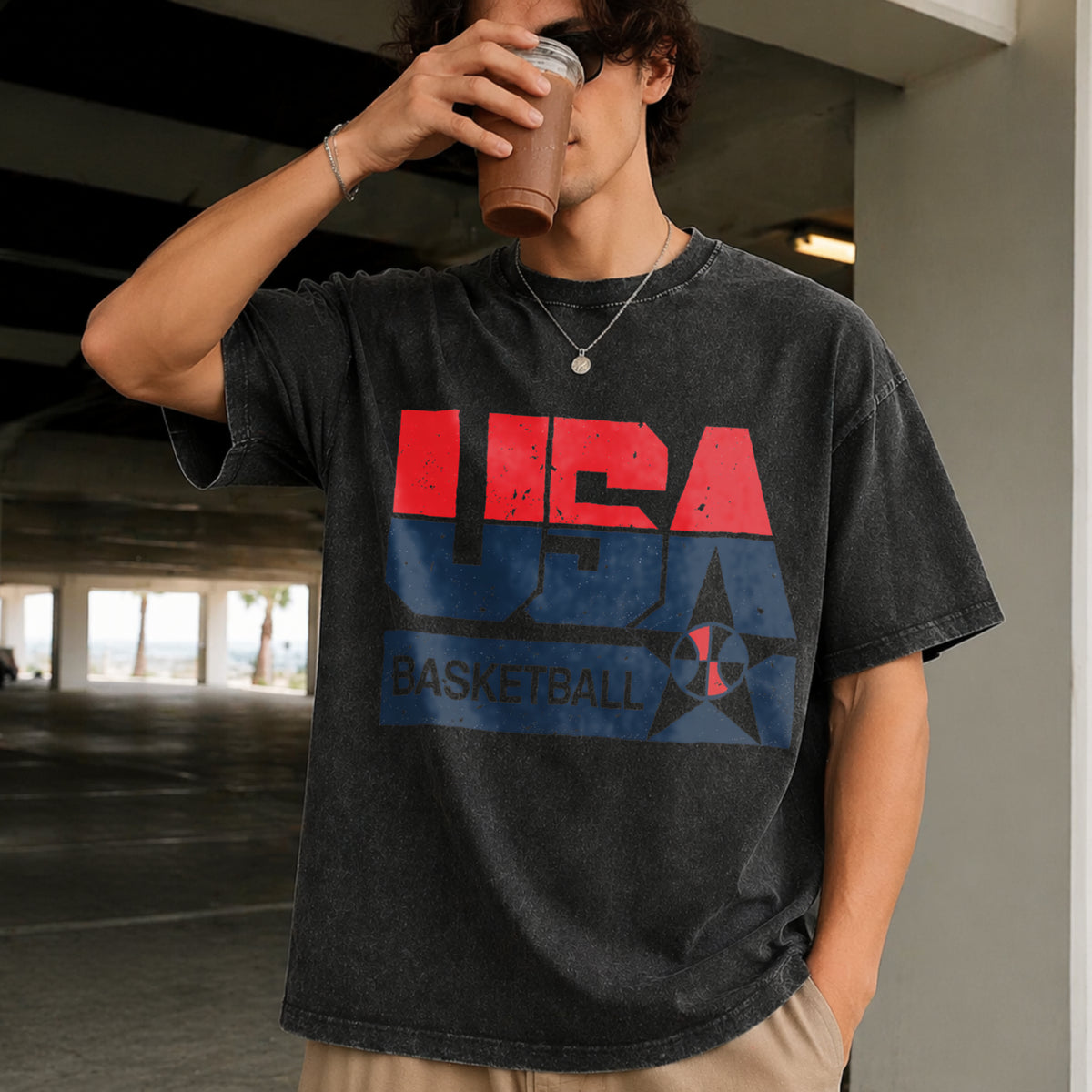USA Basketball Retro for Sporty Vintage Washed T-Shirt in Black