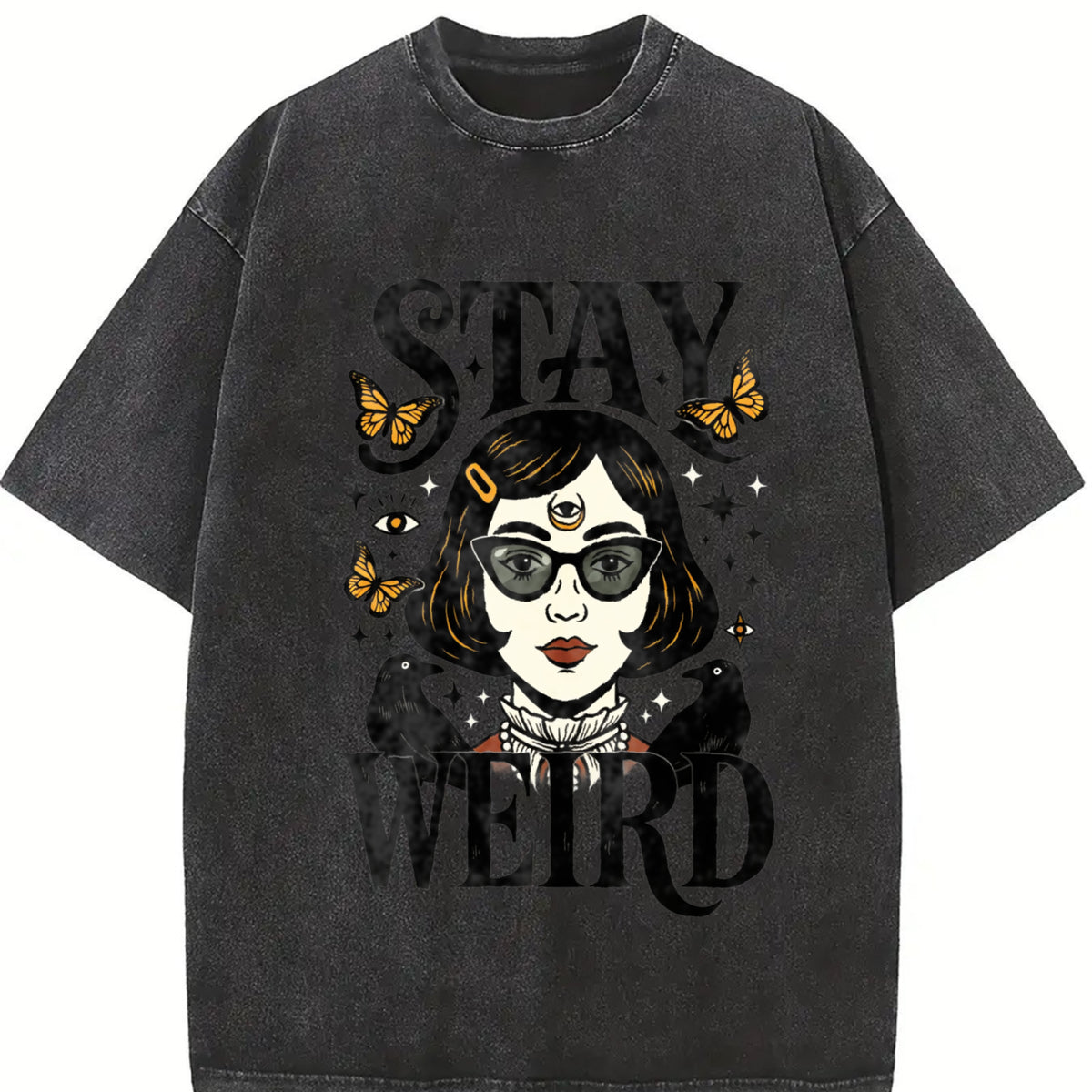 Stay Weird Witchy Girl Vintage Washed T-Shirt in Black