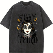 Stay Weird Witchy Girl Vintage Washed T-Shirt in Black