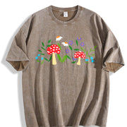 Mushroom Floral Garden Fairy Embroidered Vintage Washed T-Shirt in Brown