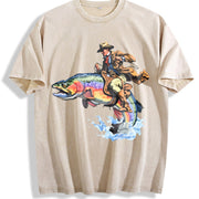 Cowboy Riding Trout Western Fishing Retro Vintage Washed T-Shirt in Beige