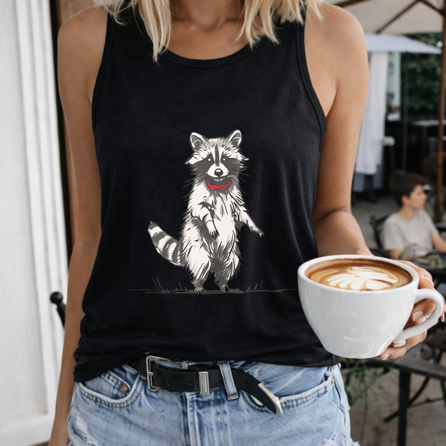 Raccoon Standing with Coffee Crew-neck Sleeveless Vest Women's Color Cotton Tank Top in Black