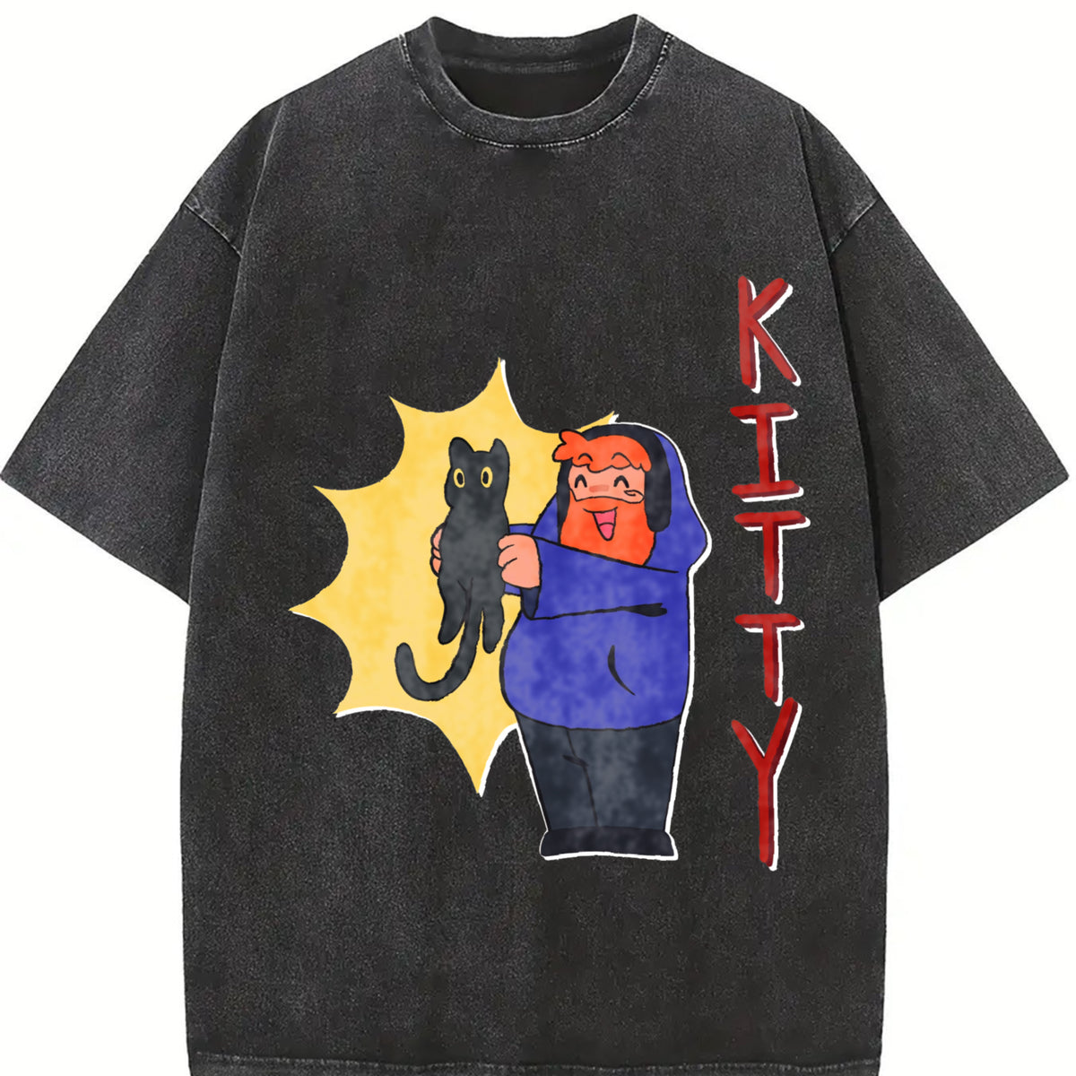 Caseoh KITTY New Short-sleeved Vintage Washed T-Shirt in Black