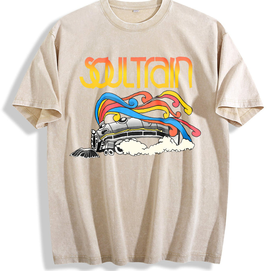 [Vibrant Soul Train ] Vibrant - Soul Train Colorful & Wear vintage washed oversized T-shirt in Beige