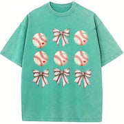 Coquette Baseball Mom Basebal Lover vintage washed oversized T-shirt in Blue