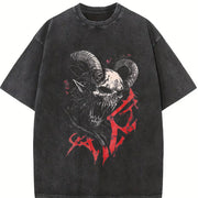 Demon Horned Skull Sleeveless Tank Vintage Washed T-Shirt in Black