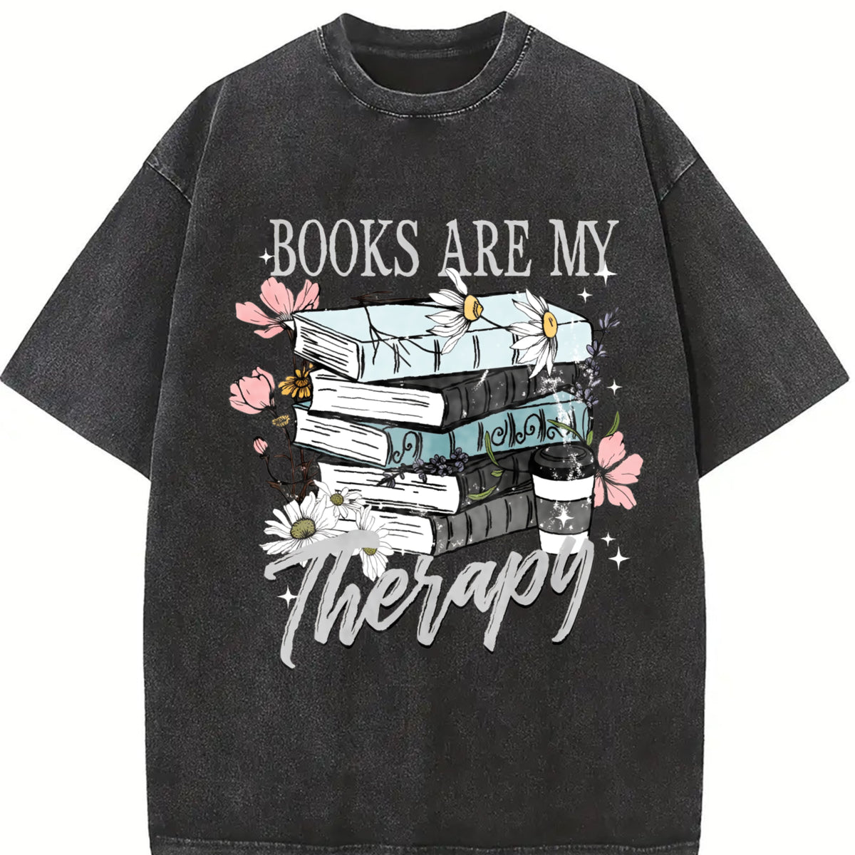 Books Are My Therapy Book Lover Bookish vintage washed oversized T-shirt in Black