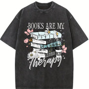 Books Are My Therapy Book Lover Bookish vintage washed oversized T-shirt in Black