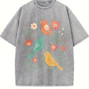 Folk Art Birds and Flowers Vintage Washed T-Shirt in Gray
