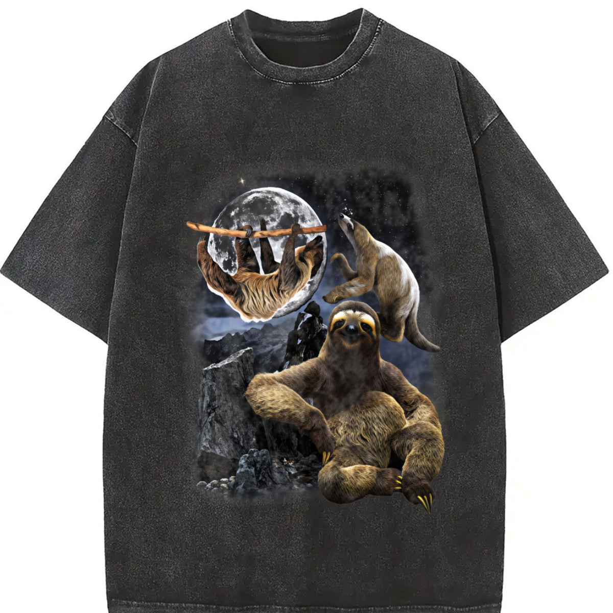 Three Sloths 90s Retro Sloth Nature Moon Vintage Washed T-Shirt in Black