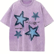 XINGX Star Blue Denim Ideal for All Seasons vintage washed oversized T-shirt in Purple