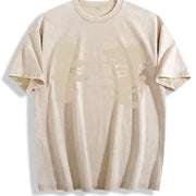 Abstract Face Shoulder Sleeve Thick Extra Large Distressed Vintage Washed T-Shirt in Beige