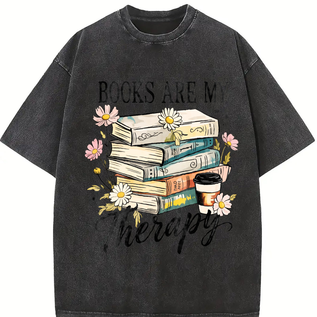 Retro Floral Book Lover Vintage Washed T-Shirt in Black