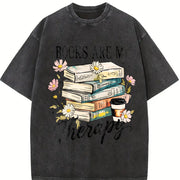 Retro Floral Book Lover Vintage Washed T-Shirt in Black