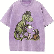 T-rex Tea Party Dinosaur Vintage Washed T-Shirt in Purple