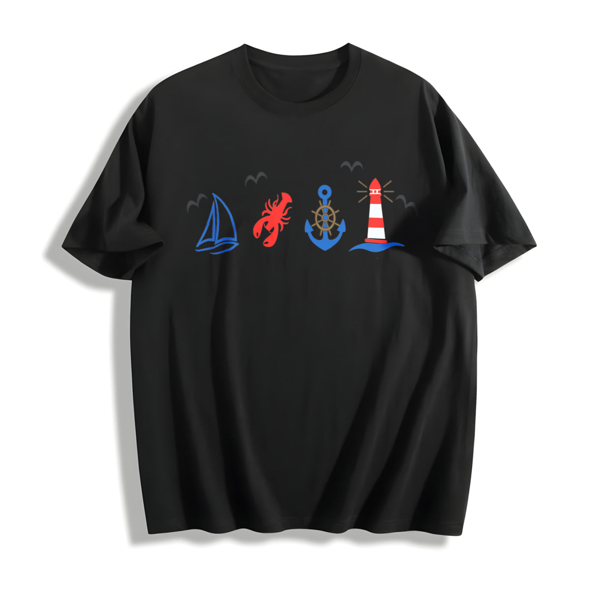Coastal Nautical Embroidered Cotton T-Shirt in Black
