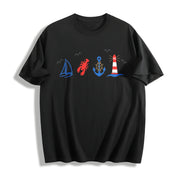 Coastal Nautical Embroidered Cotton T-Shirt in Black