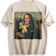 Mona Lisa Drinks Vintage Washed T-Shirt in Beige