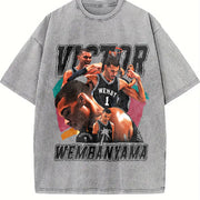Victor Wemby 90's Style Retro Custom vintage washed oversized T-shirt in Gray