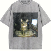 Wash Hacker Cat Meme Vintage Washed T-Shirt in Gray