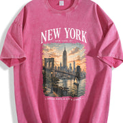 New York City NYC Travel Souvenir Urban Skyline Vintage Washed T-Shirt in Red