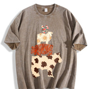 Western Cow Faux Patchwork Hen Pig Lamp Retro Country Vintage Washed T-Shirt in Brown