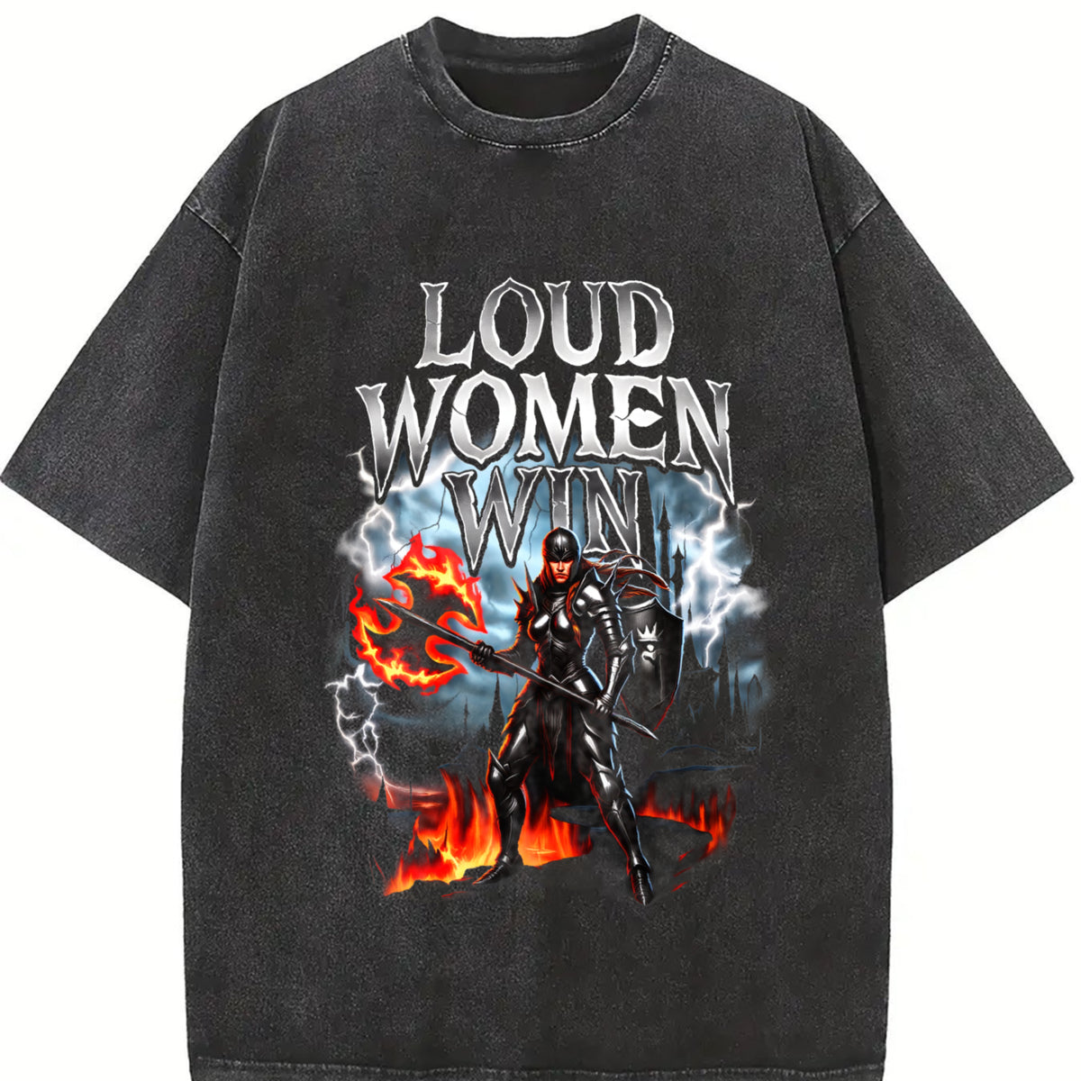 Loud Win 90s Retro Gothic Feminist Warrior Dark Fantasy Vintage Washed T-Shirt in Black