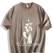 Retro Jesus Holding Dinosaur Religious Vintage Washed T-Shirt in Brown