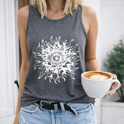 Sun Flame Mandala Art Crew-neck Sleeveless Vest Outdoor Women's Color Cotton Tank Top in Gray