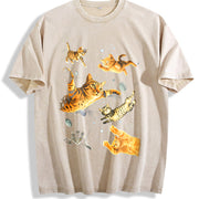 Cats in Galaxy Space Vintage Washed T-Shirt in Beige