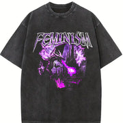 Feminism Dragon Retro Vintage Washed T-Shirt in Black