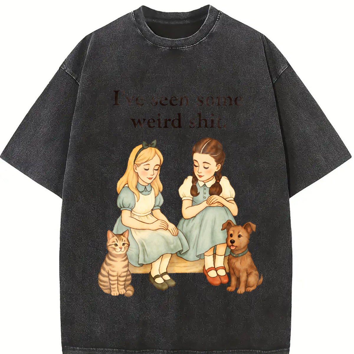 Cat Dog Retro Storybook Humor Vintage Washed T-Shirt in Black